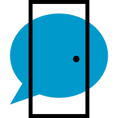 A bright blue speech bubble over the outline of a door.