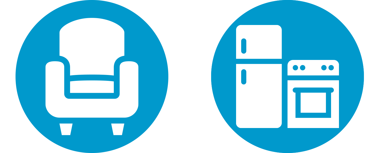 white chair and kitchen appliance icons, each on a blue circle