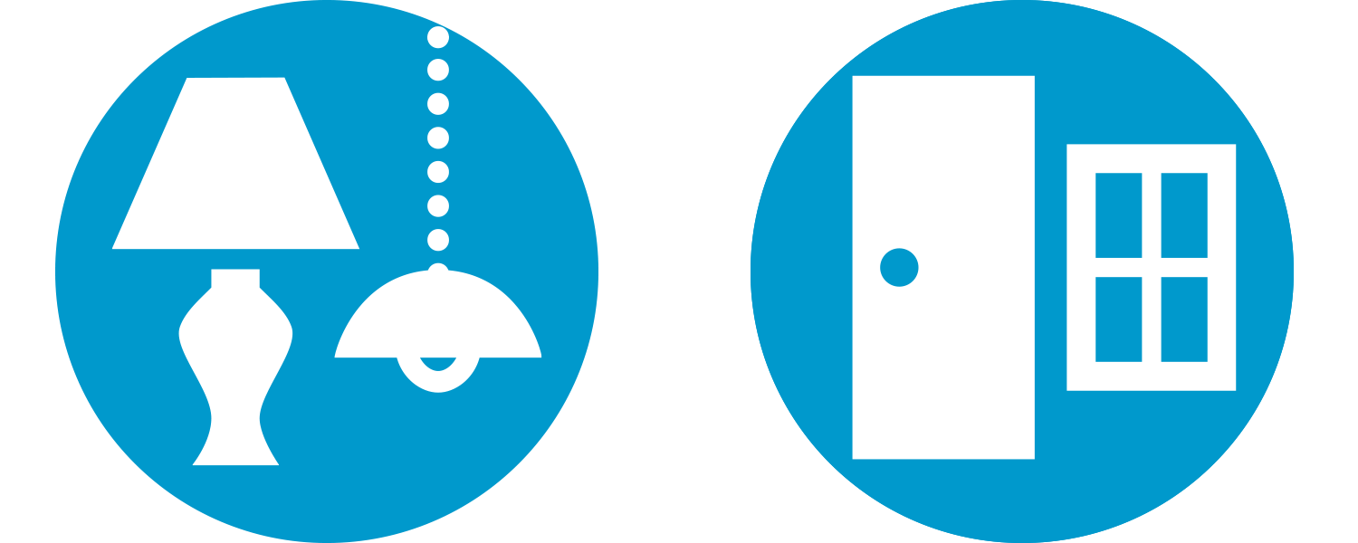 Two blue circles, one with a white icon of light fixtures and one with an icon of a door and window.