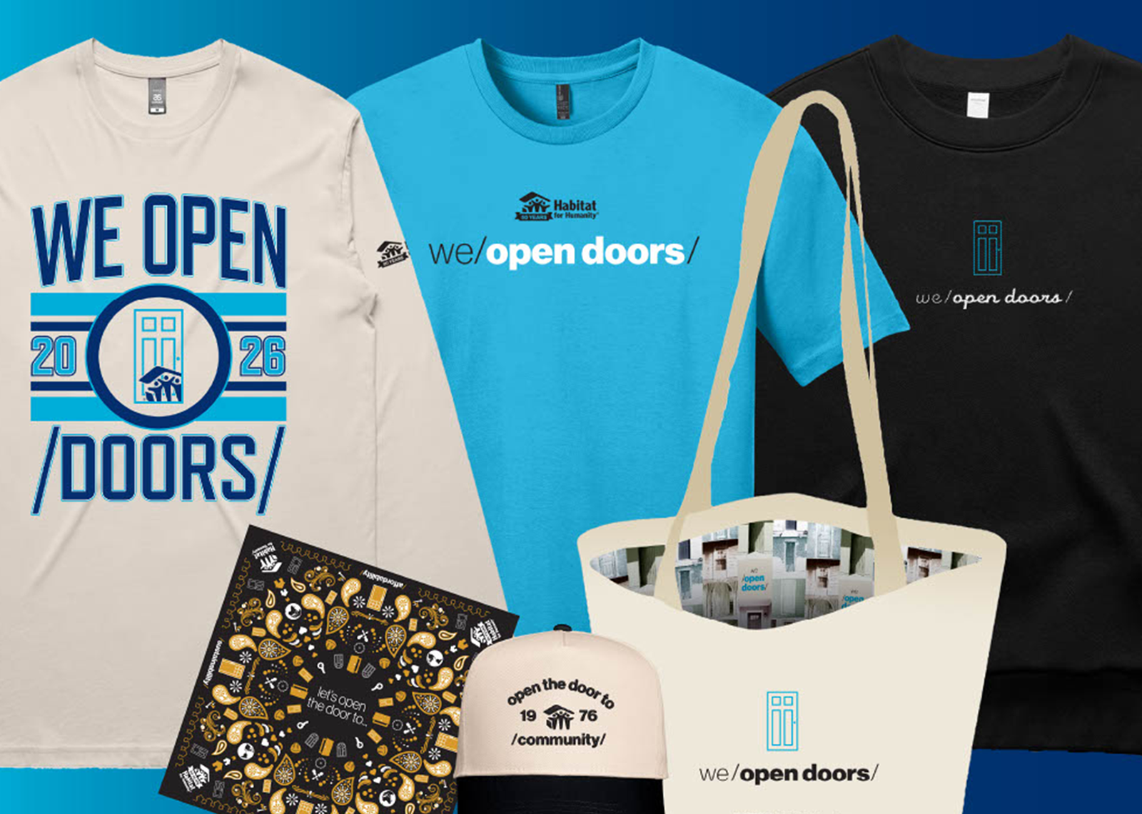Image of a long-sleeved white shirt and blue shirt as well as a bag and hat that have Let's Open the Door messaging on them.