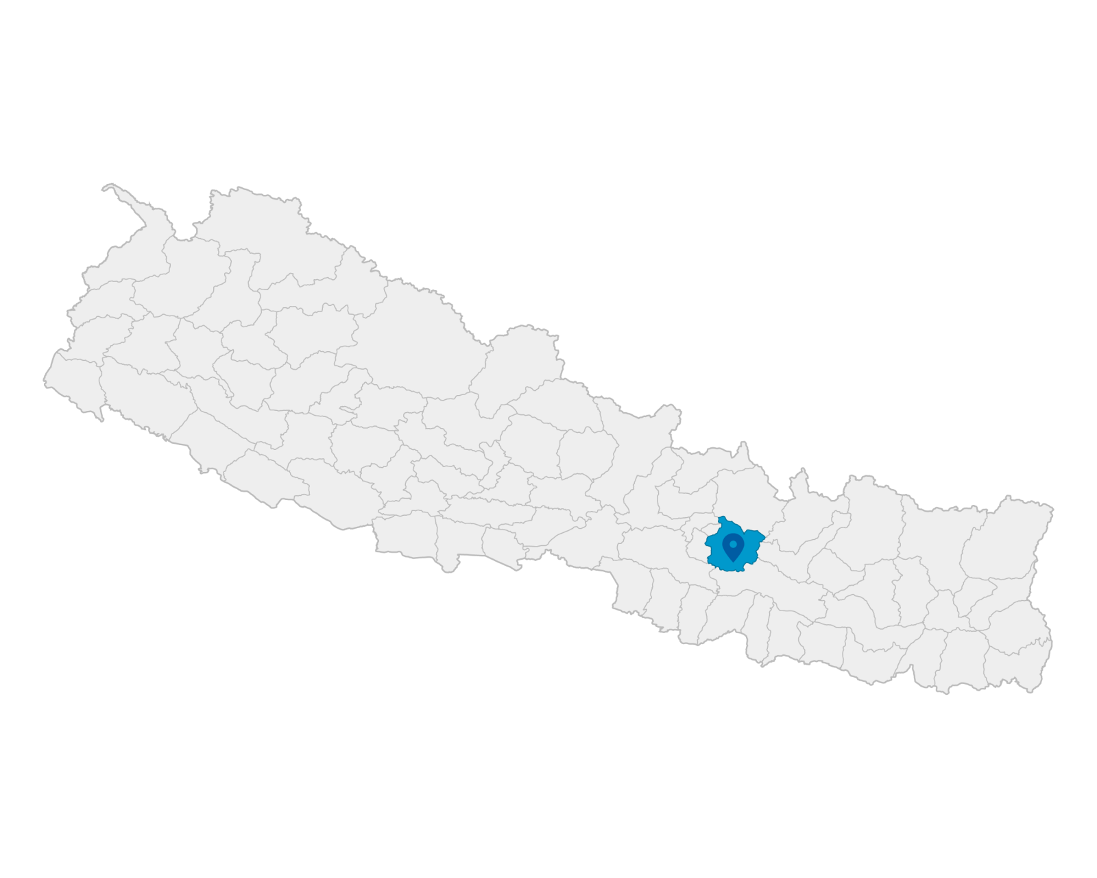 Map of Nepal with districts outlined in gray. The Kavre district is highlighted in blue and marked with a map pin icon.