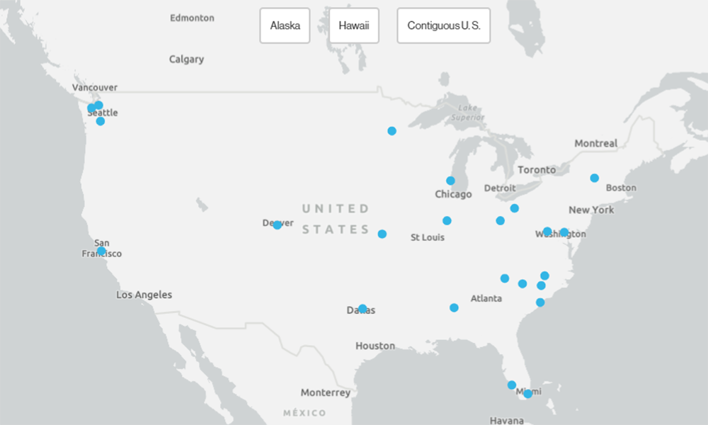 map of the U.S. with blue dots