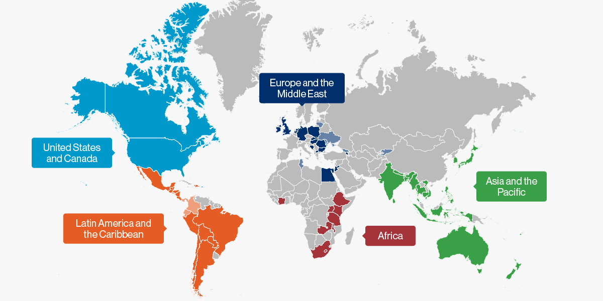 A world map showing highlighted areas where Habitat for Humanity International contributes to housing work.
