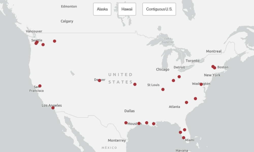 map of the U.S. with red dots