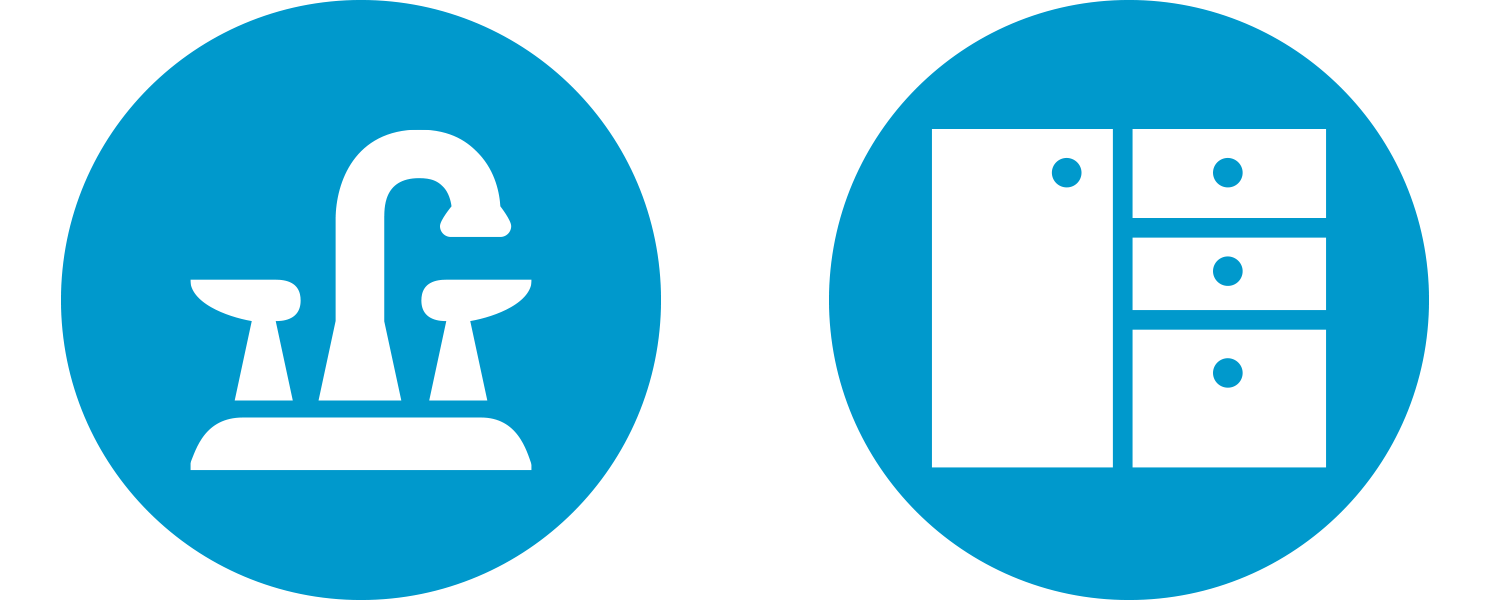 white faucet and cabinet icons, each on a blue circle