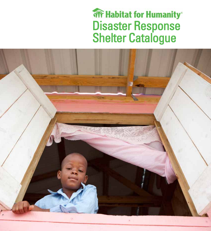 PDF cover image with Habitat logo and green text "Disaster Response Shelter Catalogue" over a photo of a young boy leaning out a window to look at the camera below.