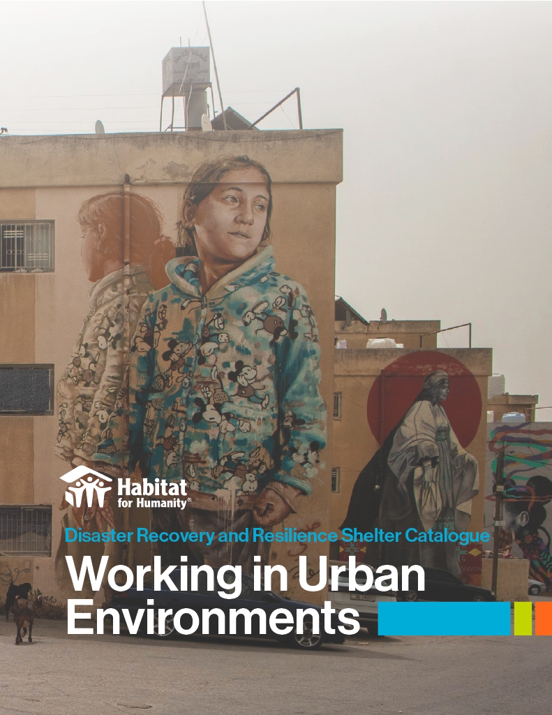 PDF cover image with Habitat logo and text "Disaster Recovery and Resilience Shelter Catalogue: Working in Urban Environments" overlayed on a photo of a mural on a city building depicting a young girl. 
