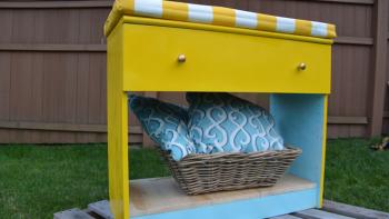 Final transformation old dresser storage bench