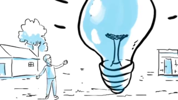 Graphics: a man and a big bulb representing innovation