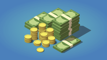 A graphic with stacks of money and coins.