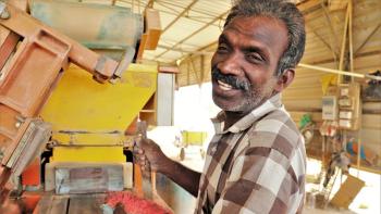 Thiyagalingam operates the machines at the EU project's block yard in Batticaloa, Sri Lanka