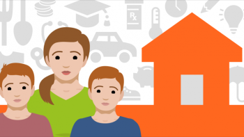 A graphic of a house icon with a mother and two kids in front.