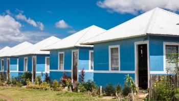 A row of blue houses.