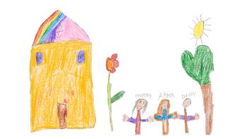 Child's drawing of yellow house with flowers and family in front.