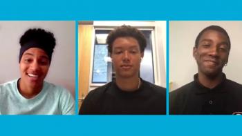 A still from the livestream of the three professional athlete panelists who grew up in Habitat homes