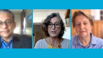 A still of the livestream showing three panelists discussing the impact of COVID-19 on global housing initiatives