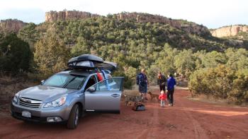 Gray Subaru in the mountains with a family and two dogs. 