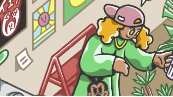 Graphic image of a living room with a tv, wall art, and plants. There is a blond person with a backwards hat and green jacket watering a plant.