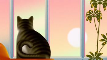 Graphic art of a cat looking out a window at the sun set next to an orange couch and blue curtains.