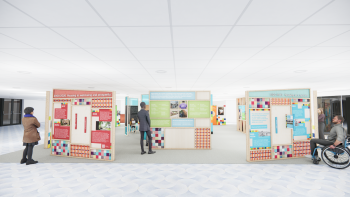 Rendering of exhibit space with people looking at various infographic displays.