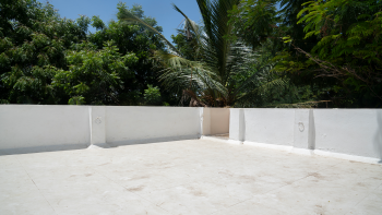 A white roof with a cool coat application surrounded by lush green trees and a blue sky.