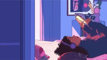 bedroom scene. Girl laying on a bed. 