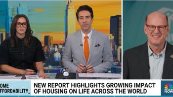 Split screen still of NBC news anchors (left) speaking to Habitat CEO Jonathan Reckford (right). The chyron below reads, "Home affordability," "New report highlights growing impact of housing on life across the world"