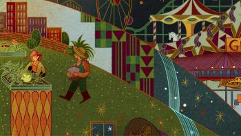 cityscape, garden, carousel, grocery store graphic. 