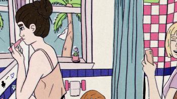 Graphic art bathroom scene. A woman sitting on the counter doing her makeup in the mirror. A pink tiled shower, window and two other women talking.