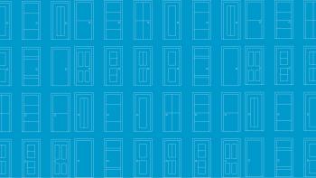 blue background with white line-art doors.