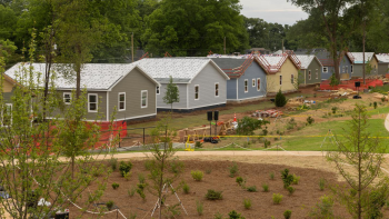 Wide view of Langston Park homes from a park area with walking paths.