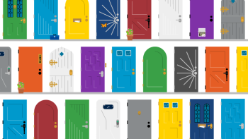 Three rows of illustrated doors in varying colors of green, blue, purple, yellow, and more.