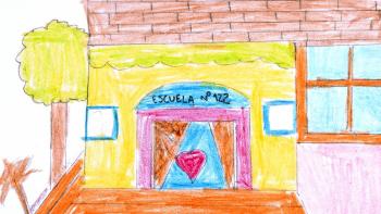 Child's colorful drawing of a school