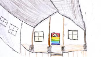Drawing of a house with a rainbow-colored door