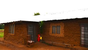 picture of a mud home with netting on windows and doors