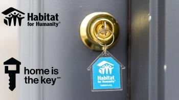 key in lock with blue house-shaped Habitat keychain; overlay of text "home is the key" with Habitat for Humanity logo