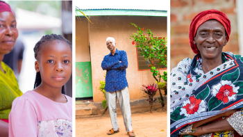 A collage of photos including a mother and a child, and an elderly woman and man
