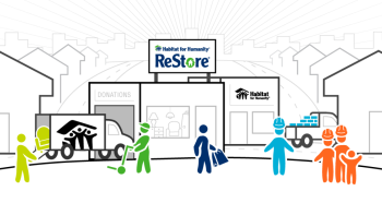 Illustration of people donating, shopping and volunteering at Habitat ReStore