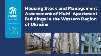 Image of first page of housing stock assesment that includes photos of multiapartment buildings in Ukraine