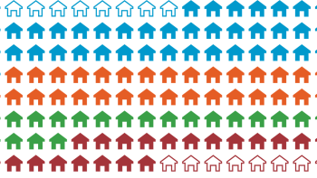 graphic of several rows of little house icons in blue, orange, green, and red