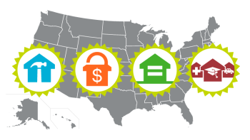 Map of the U.S. with 4 Cost of Home icons overlayed on top