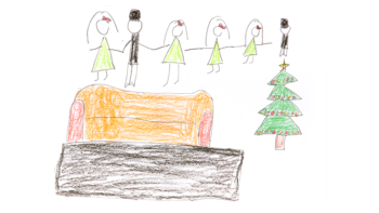 Child's drawing of family celebrating Christmas at home with tree and sofa