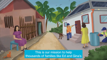 An image of an animated village with a few people walking in the street.