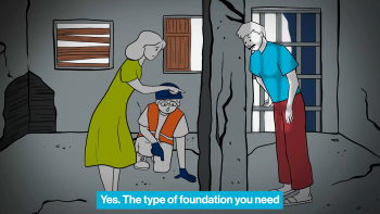 A thumbnail of an animated woman in green and a man in blue looking worriedly at a crack in the ground of their home.