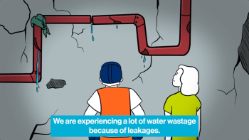 A thumbnail of a plumber with a vest and hat on standing with a woman in green as they look at cracked pipes on a wall.