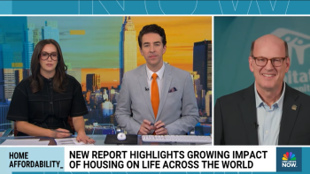 Split screen still of two NBC news anchors on the left and Habitat for Humanity CEO Jonathan Reckford on the right. Below, a chyron reads, "Home affordability. New report highlights growing impact of housing on life across the world."