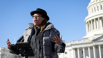 Charity Blackwell passionately recites her poem standing in front of the Capitol building in Washington D.C,