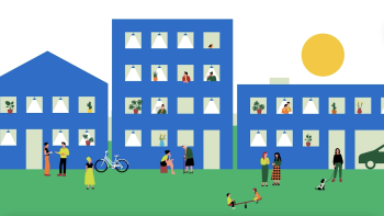 A colorful graphic of apartment buildings and a lively community