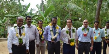 His Excellency Tung-Lai Margue, Ambassador and Head of Delegation of the European Union to Sri Lanka and the Maldives, being welcomed by the homeowners at the project site in Kilinochchi, Sri Lanka.