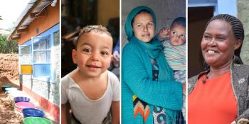 4 pictures - a colourful house, children and adults from Middle East and Africa